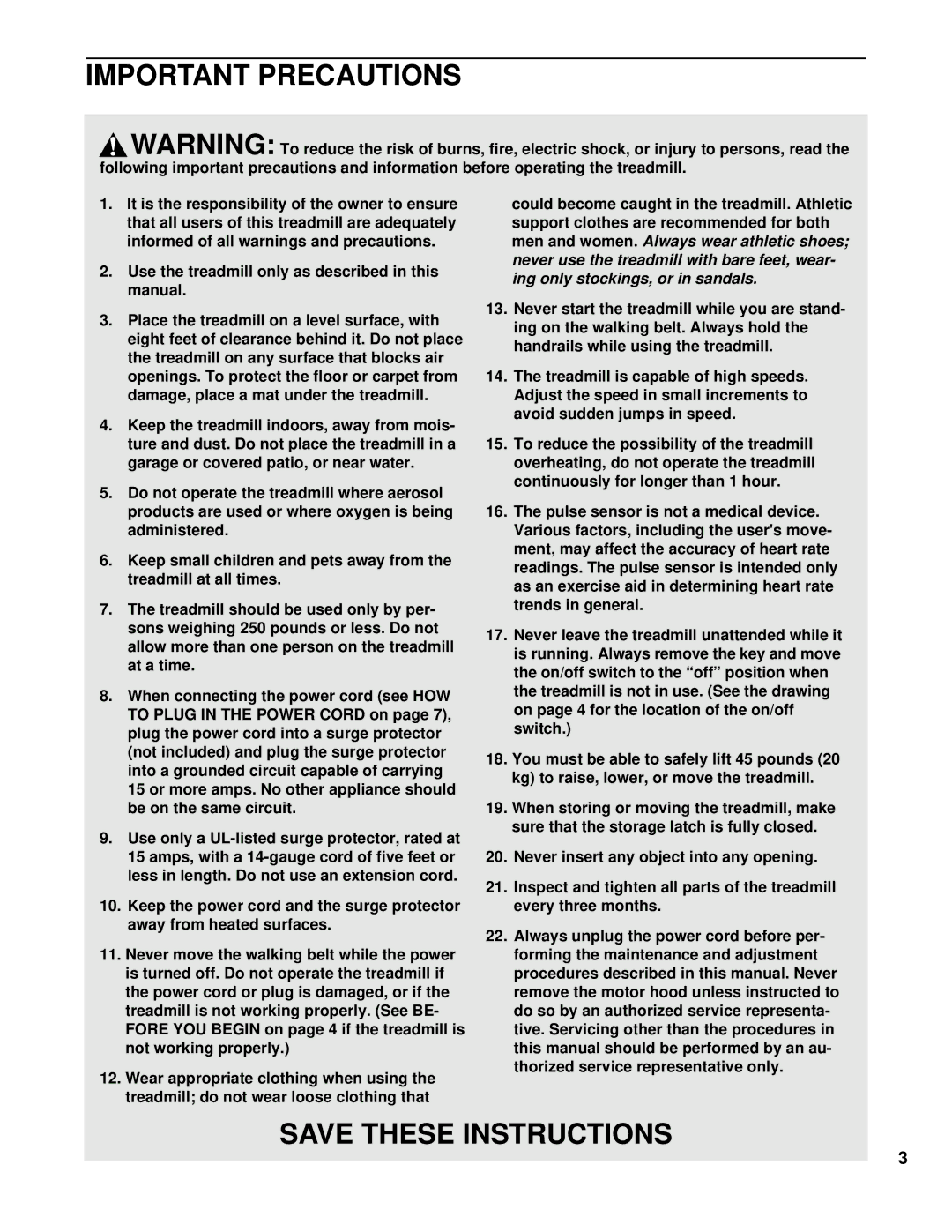 Healthrider HRTL20001 manual Important Precautions 