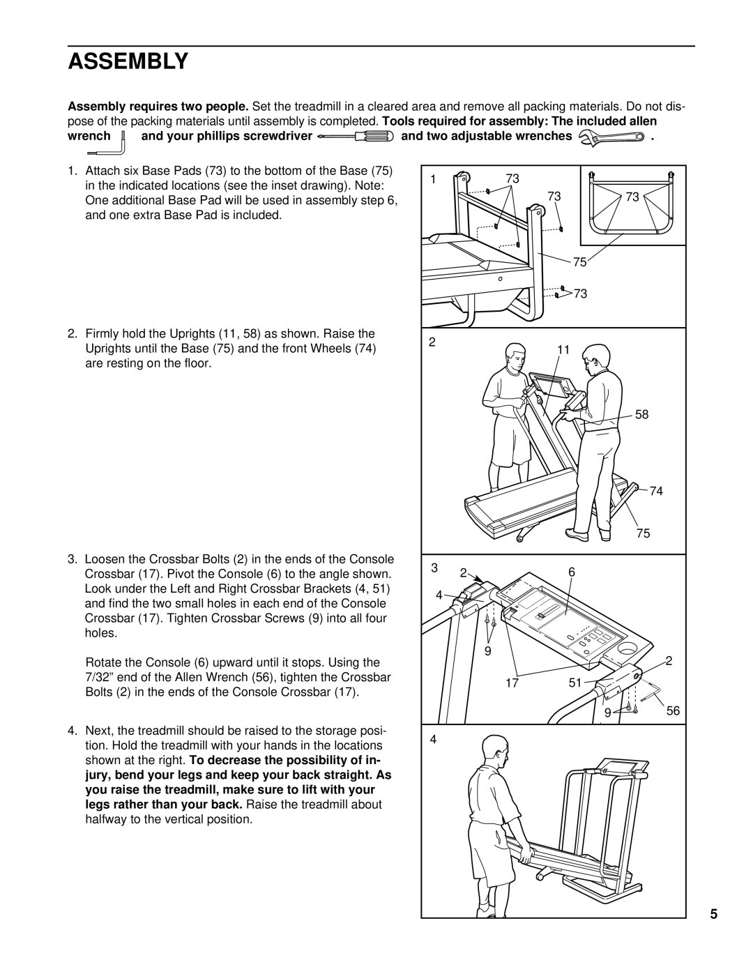 Healthrider HRTL20001 manual Assembly requires two people, Wrench, Legs rather than your back 