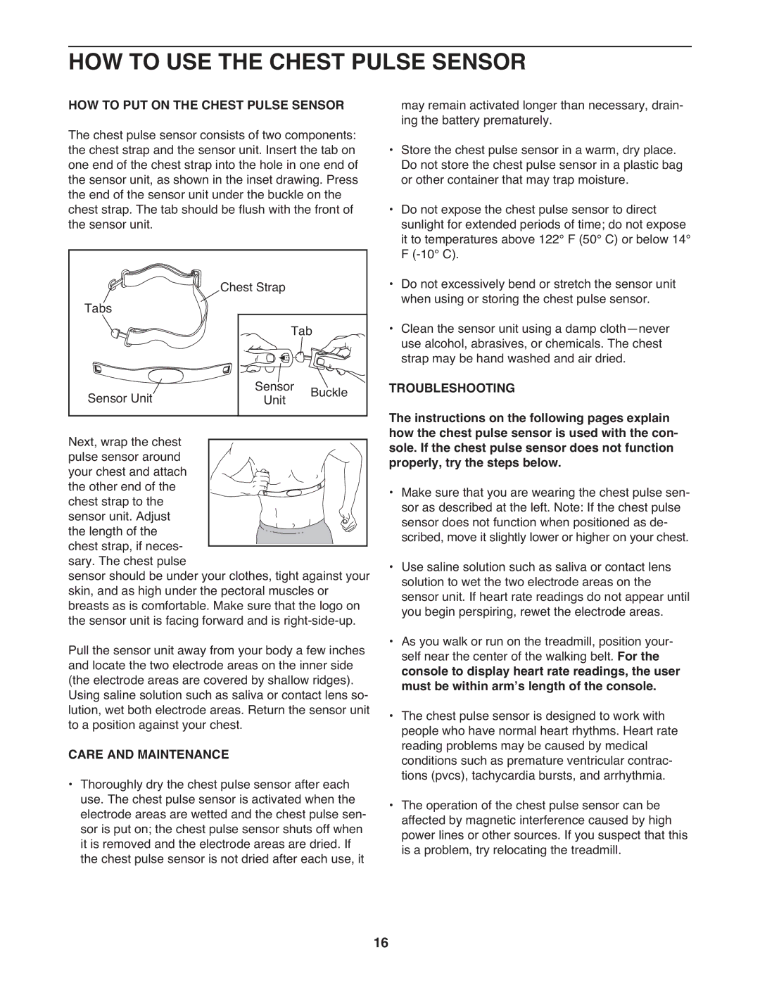 Healthrider HRTL20510.1 HOW to USE the Chest Pulse Sensor, HOW to PUT on the Chest Pulse Sensor, Care and Maintenance 