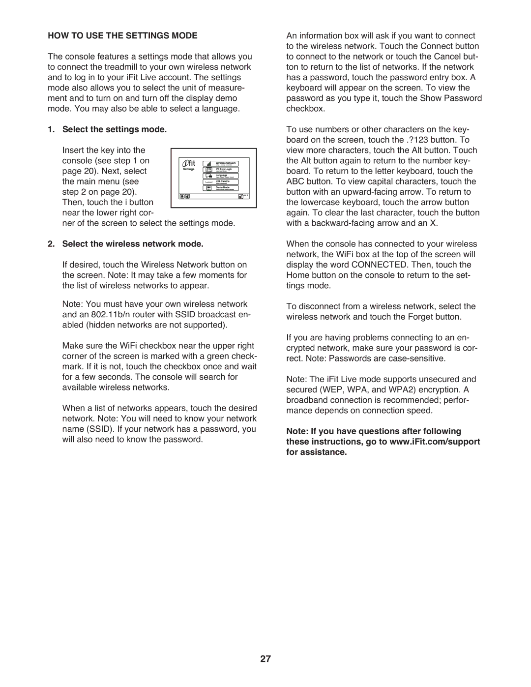 Healthrider HRTL20510.1 manual HOW to USE the Settings Mode, Select the wireless network mode 