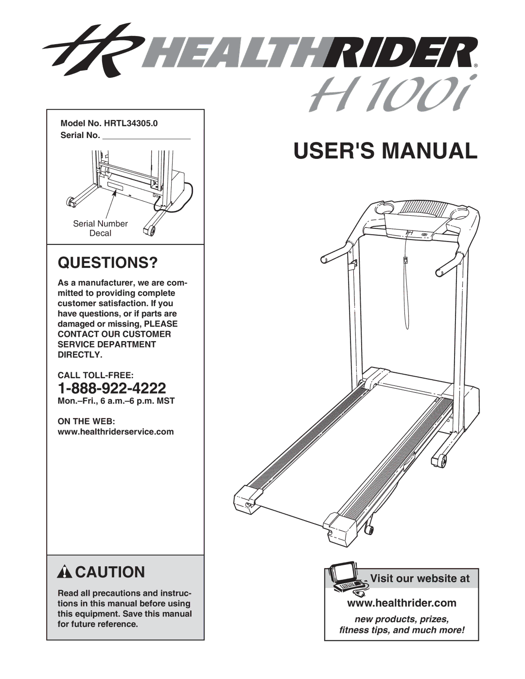 Healthrider manual Questions?, Model No. HRTL34305.0 Serial No, Call TOLL-FREE 