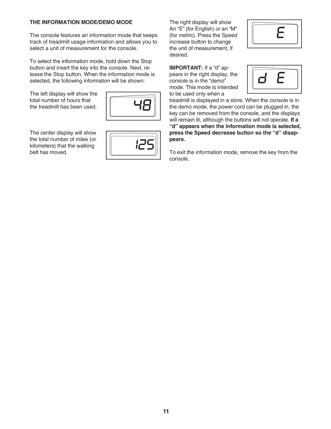 Healthrider HRTL34305.0 manual Information MODE/DEMO Mode 