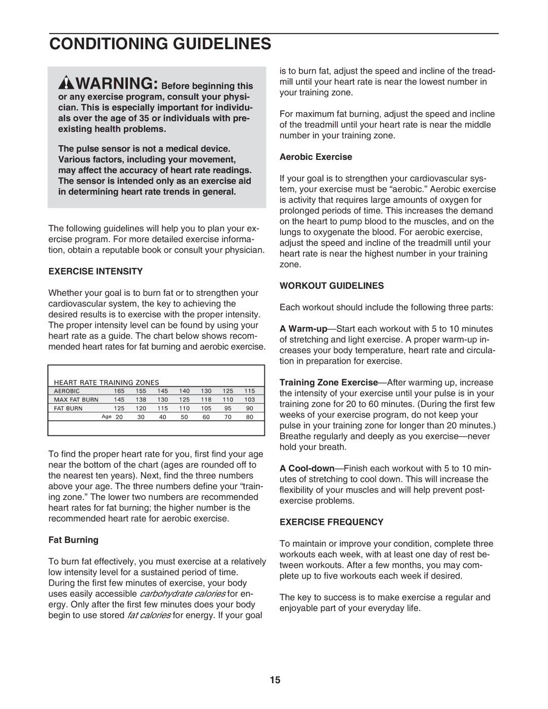 Healthrider HRTL34305.0 manual Conditioning Guidelines, Exercise Intensity, Workout Guidelines, Exercise Frequency 