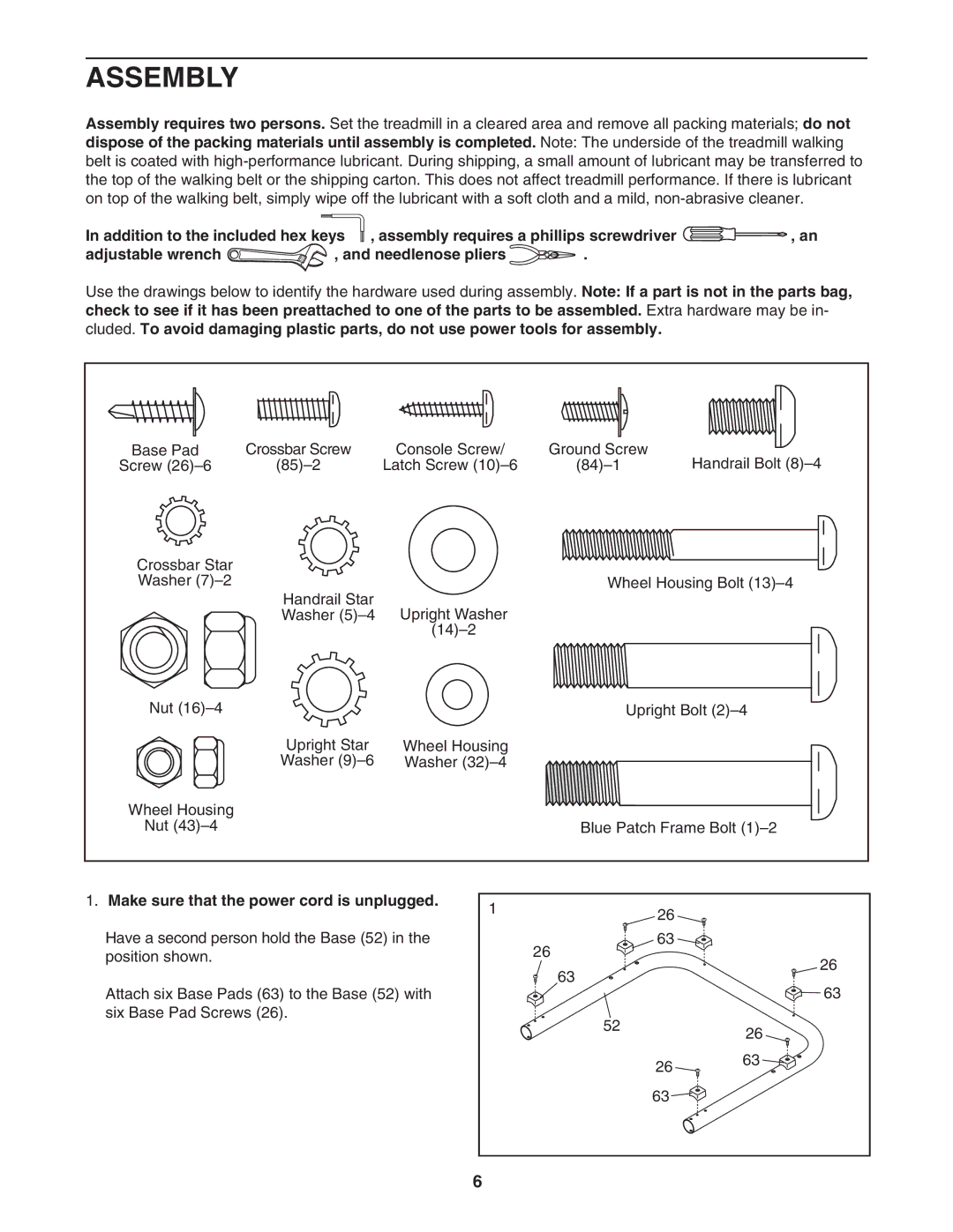 Healthrider HRTL34306.0 manual Assembly, Make sure that the power cord is unplugged 