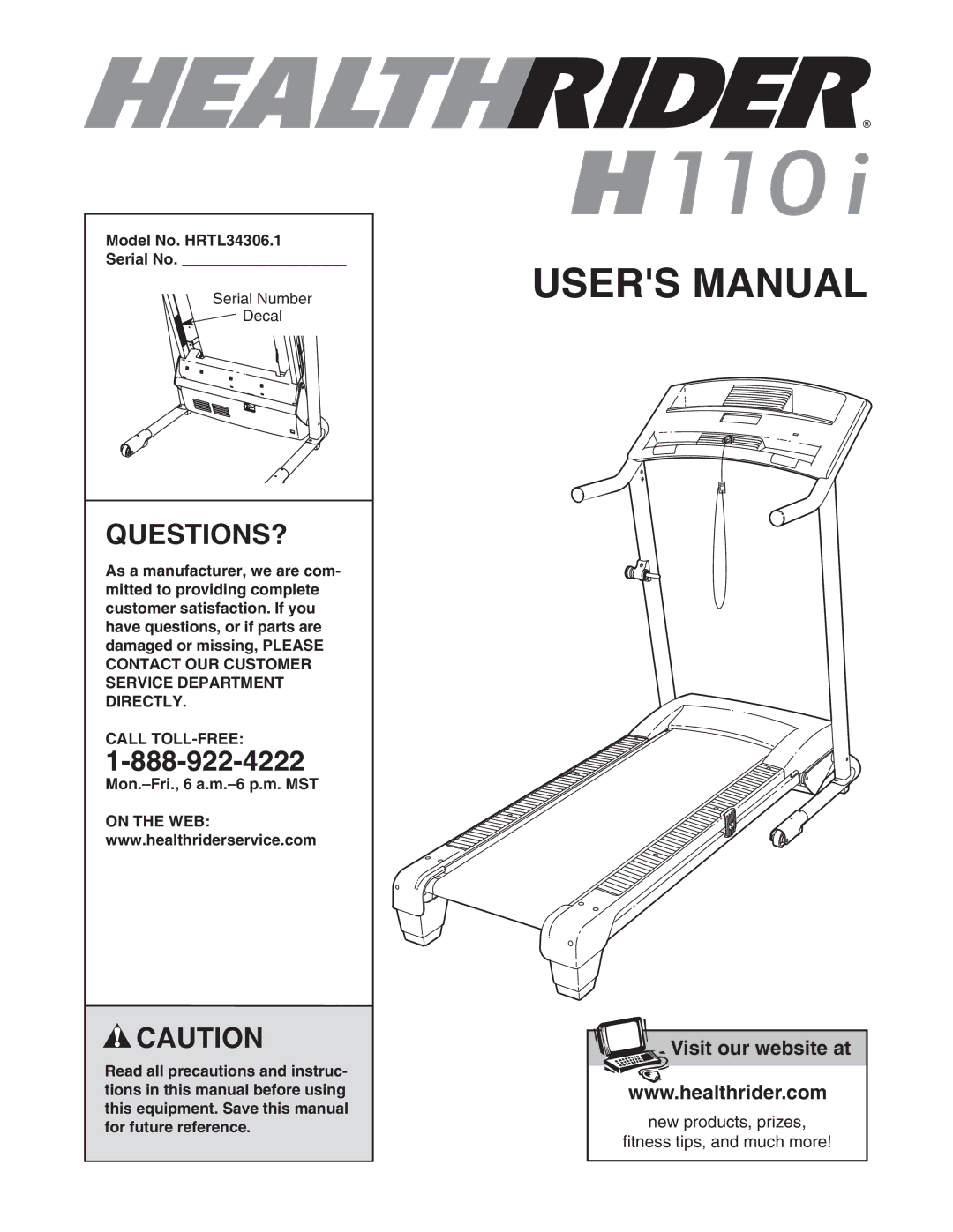 Healthrider manual Questions?, Model No. HRTL34306.1 Serial No, Call TOLL-FREE 