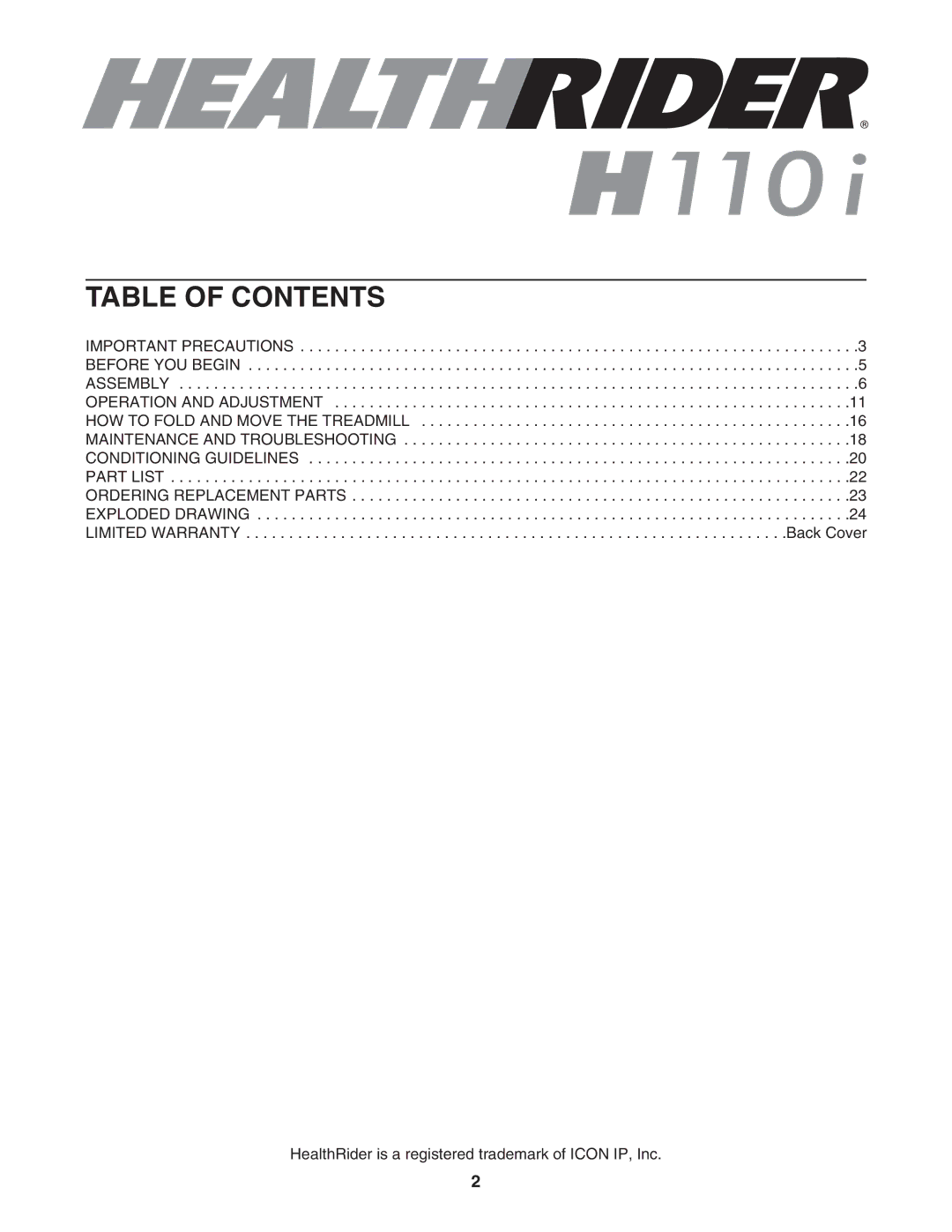 Healthrider HRTL34306.1 manual Table of Contents 