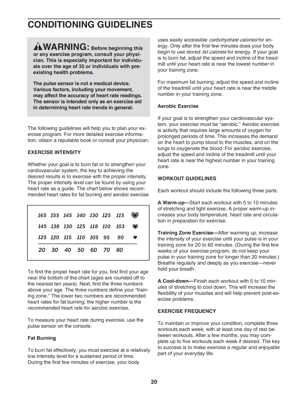 Healthrider HRTL34306.1 manual Conditioning Guidelines, Exercise Intensity, Workout Guidelines, Exercise Frequency 