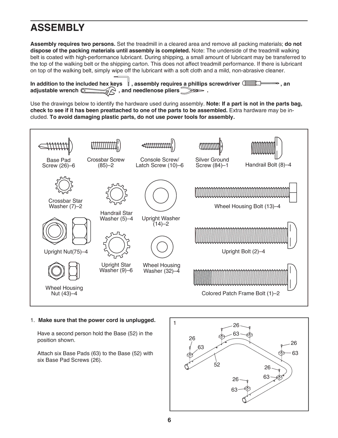 Healthrider HRTL34306.1 manual Assembly, Make sure that the power cord is unplugged 