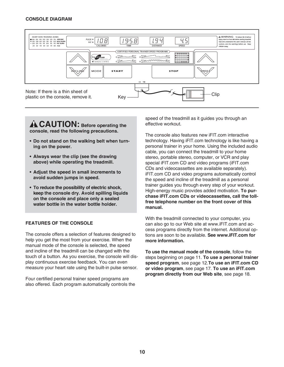 Healthrider HRTL39305.0 manual Console Diagram, Features of the Console 