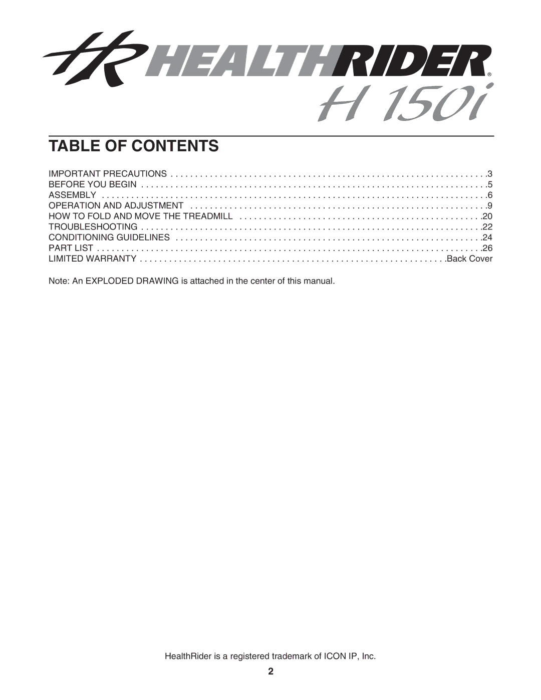 Healthrider HRTL39305.0 manual Table of Contents 