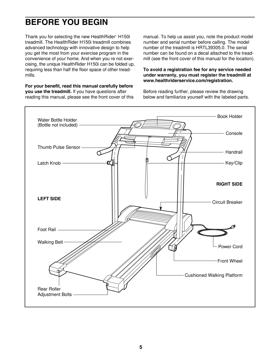 Healthrider HRTL39305.0 manual Before YOU Begin, Right Side, Left Side 