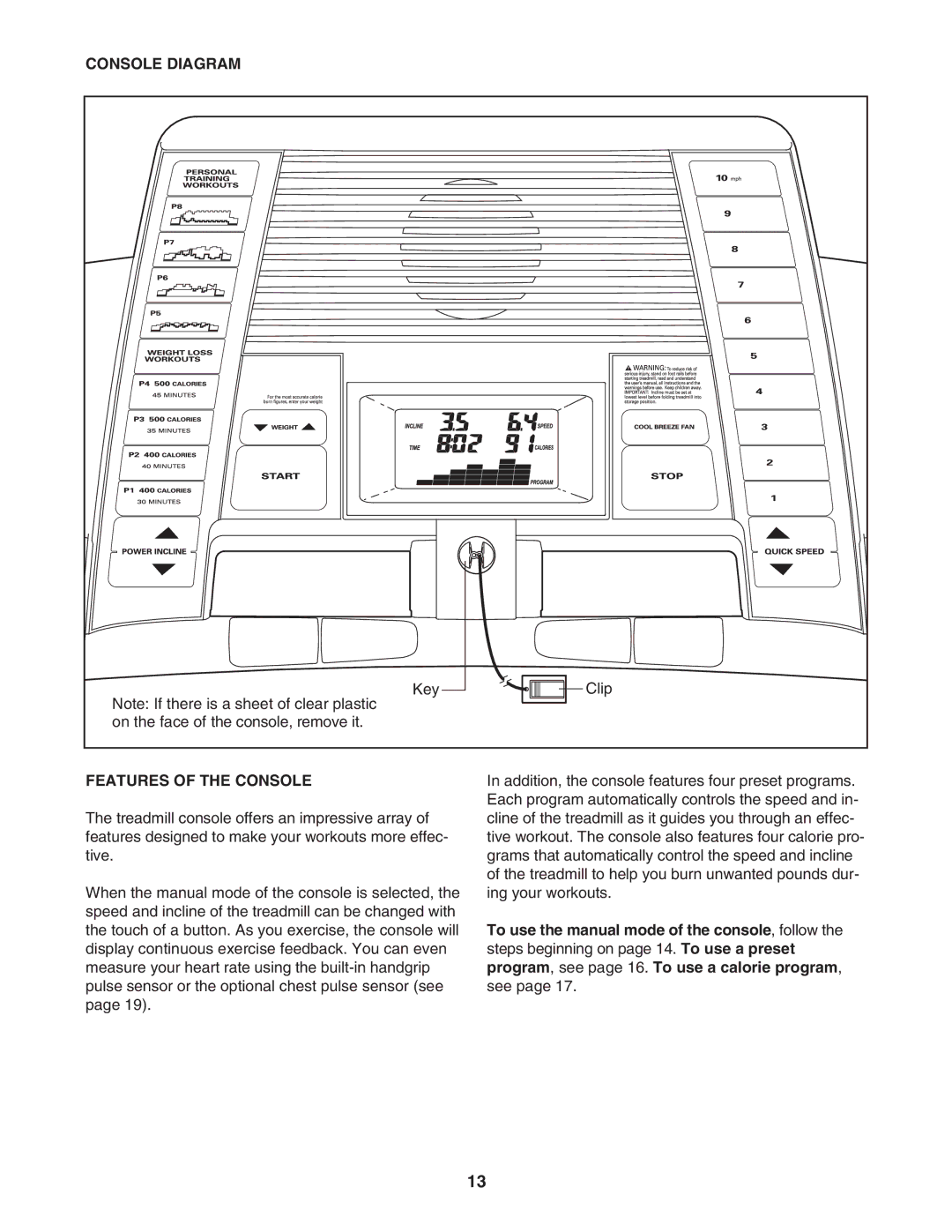 Healthrider HRTL61706.0 manual Console Diagram, Features of the Console 