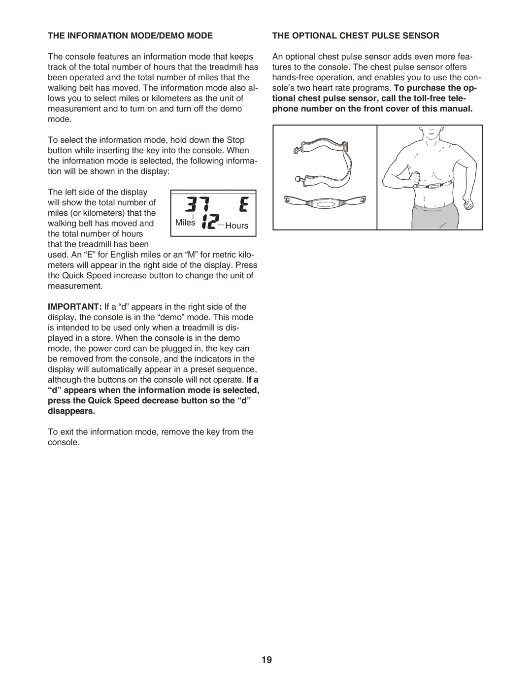 Healthrider HRTL61706.0 manual Information MODE/DEMO Mode, Optional Chest Pulse Sensor 