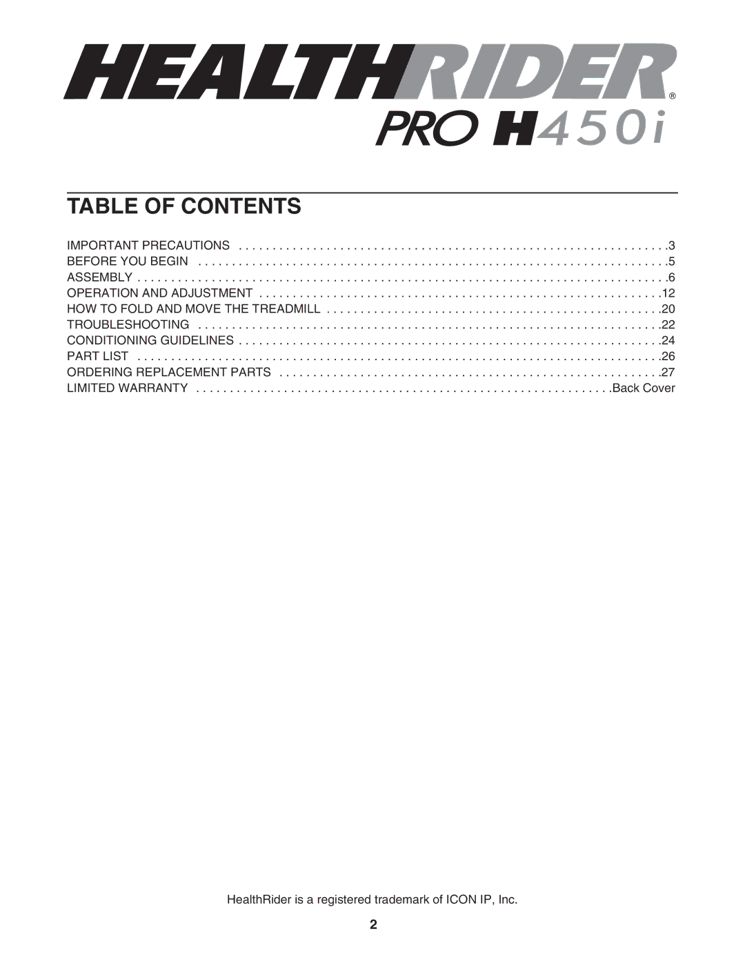 Healthrider HRTL61706.0 manual Table of Contents 