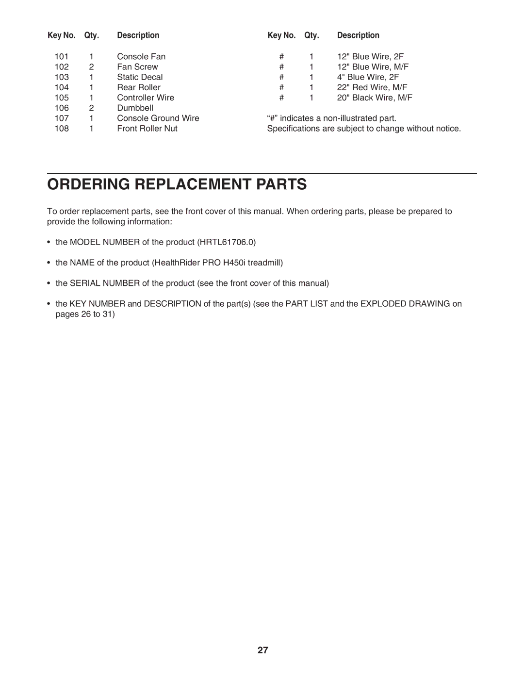 Healthrider HRTL61706.0 manual Ordering Replacement Parts 