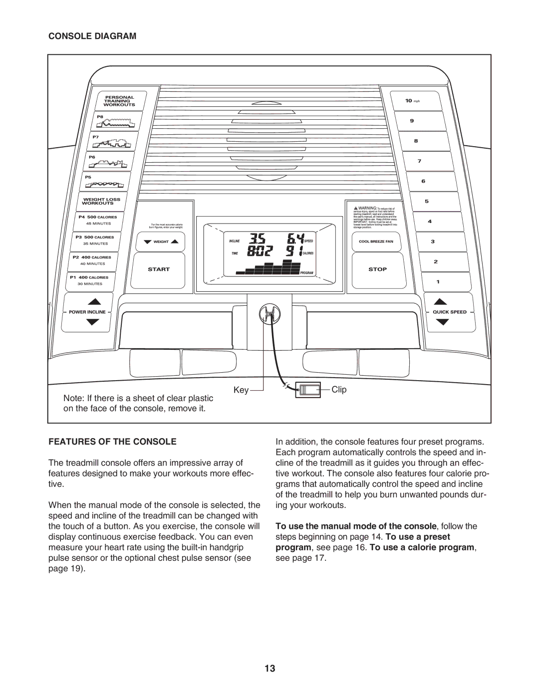 Healthrider HRTL61706.1 manual Console Diagram, Features of the Console 