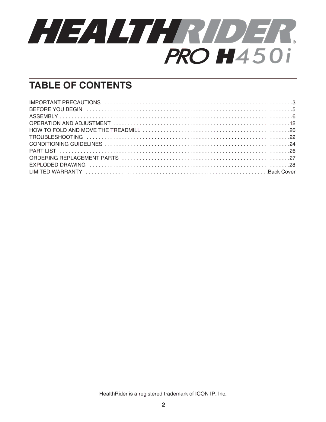 Healthrider HRTL61706.1 manual Table of Contents 