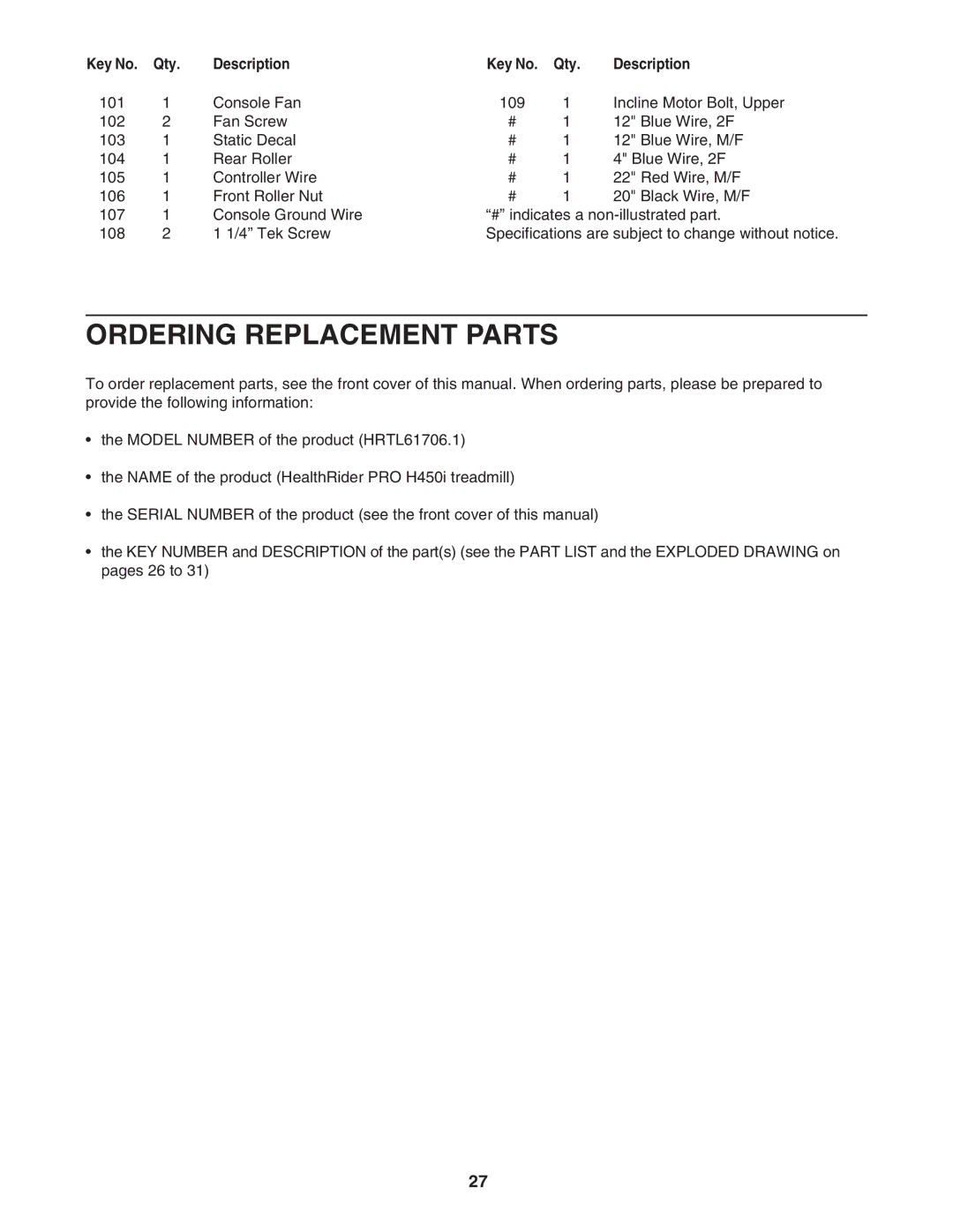 Healthrider HRTL61706.1 manual Ordering Replacement Parts 