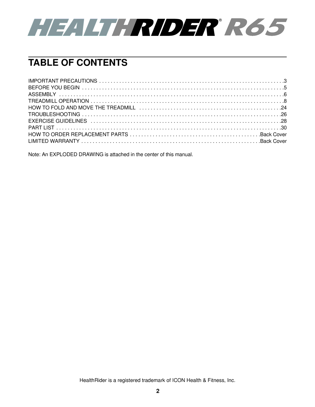 Healthrider HRTL71830 manual Table of Contents 