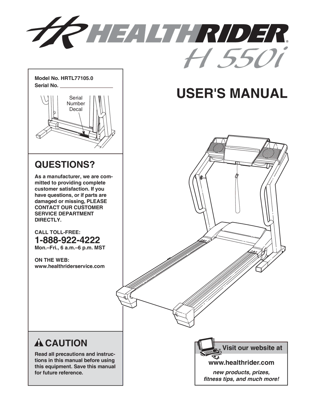 Healthrider manual Questions?, Model No. HRTL77105.0 Serial No, Call TOLL-FREE 