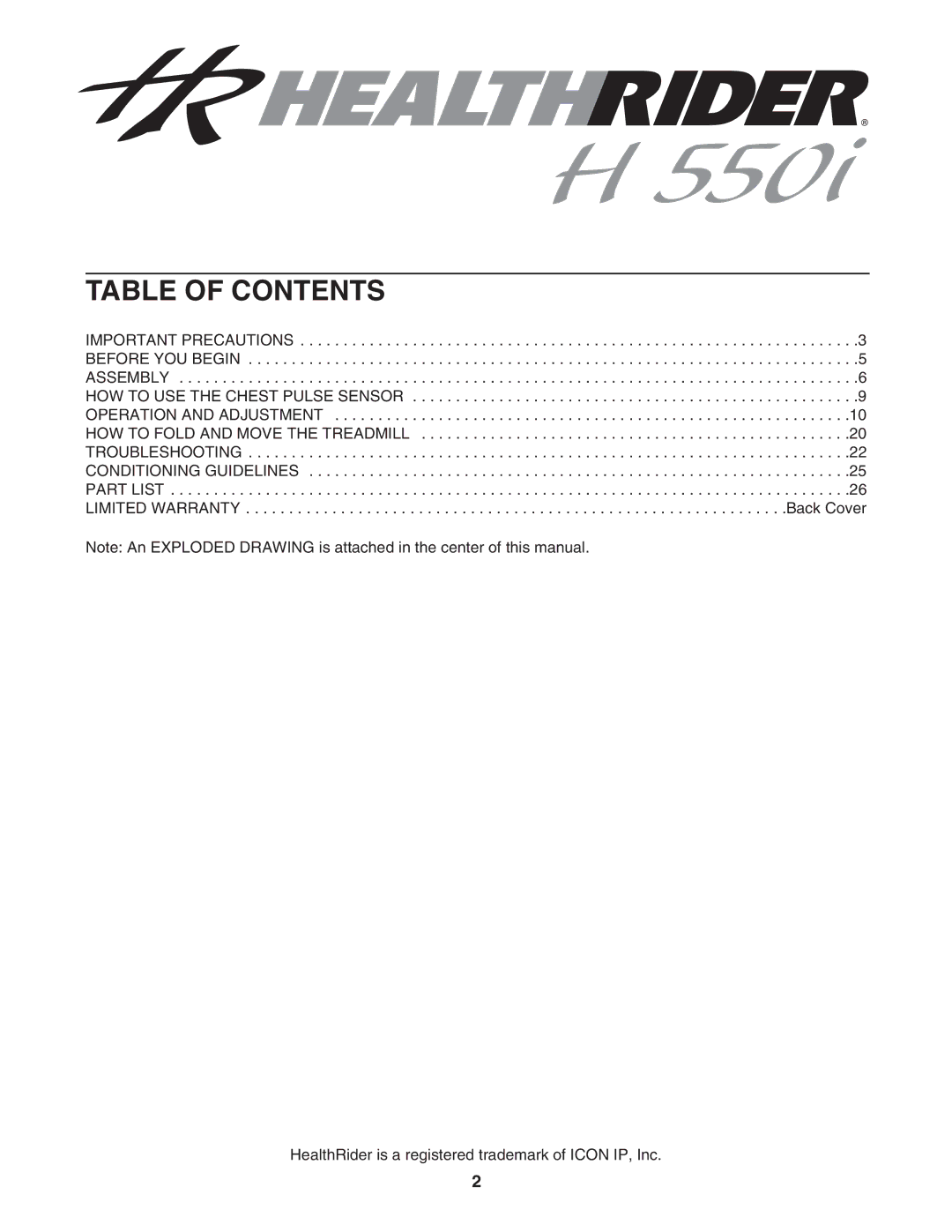 Healthrider HRTL77105 manual Table of Contents 