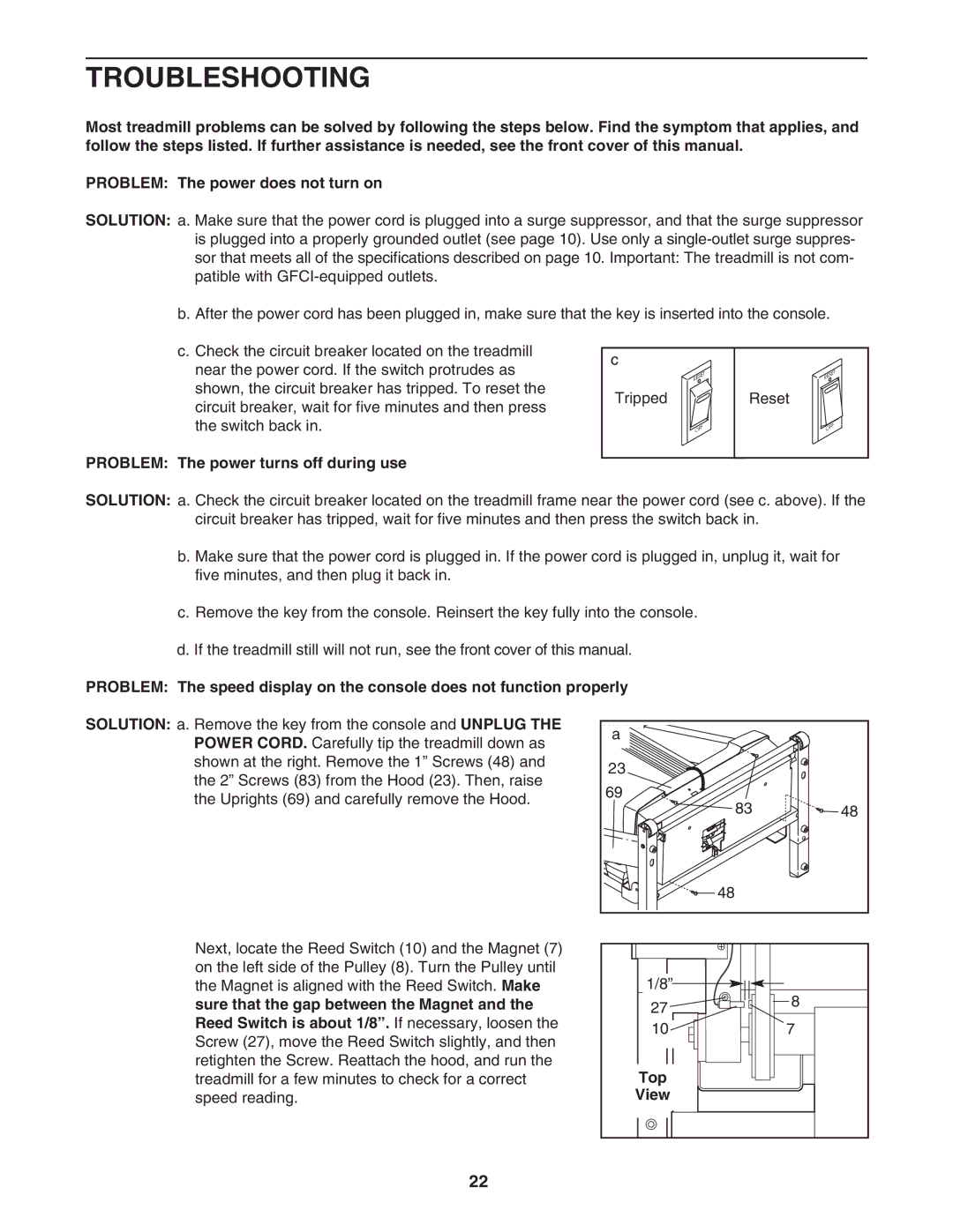 Healthrider HRTL77105 manual Troubleshooting, Problem The power turns off during use, Top 