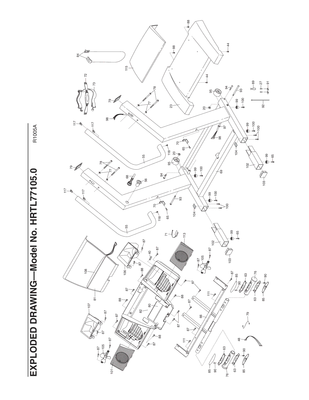 Healthrider HRTL77105 manual 105 108 107 117 101 111 106 113 102 118 104 100 6998 115 103 