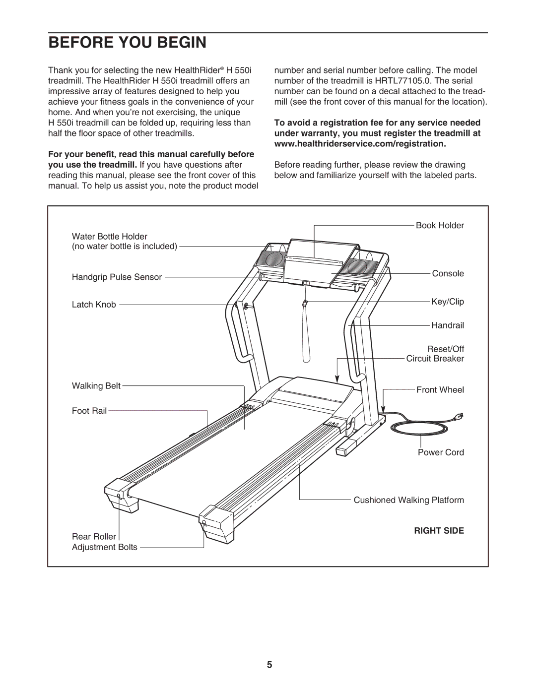 Healthrider HRTL77105 manual Before YOU Begin, Right Side 