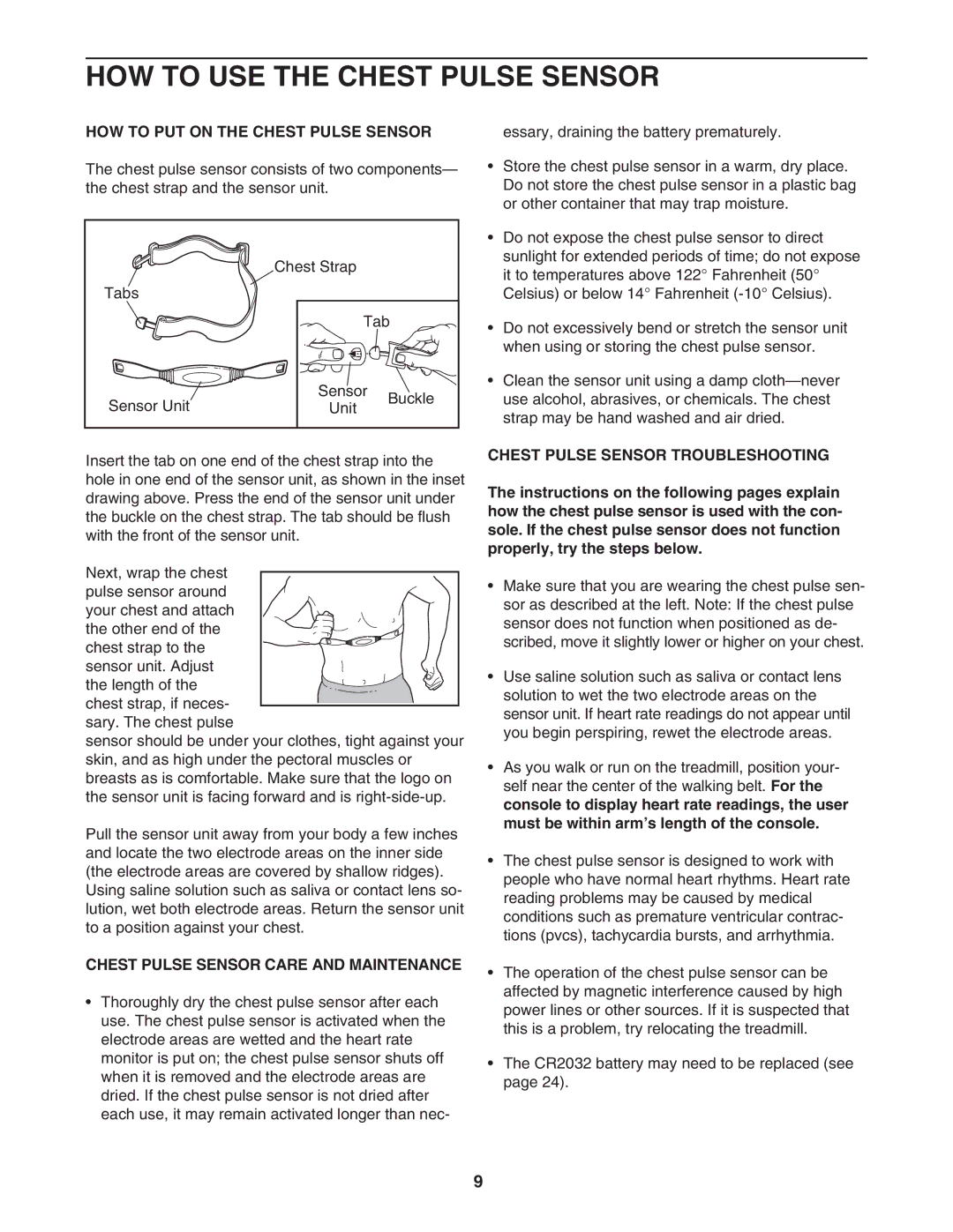 Healthrider HRTL77105 manual HOW to USE the Chest Pulse Sensor, HOW to PUT on the Chest Pulse Sensor 