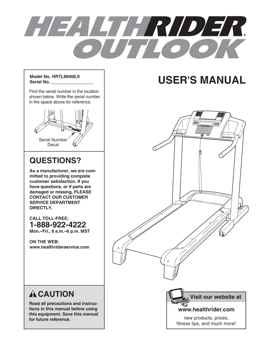 Healthrider manual Questions?, Model No. HRTL89406.0 Serial No, Call TOLL-FREE 