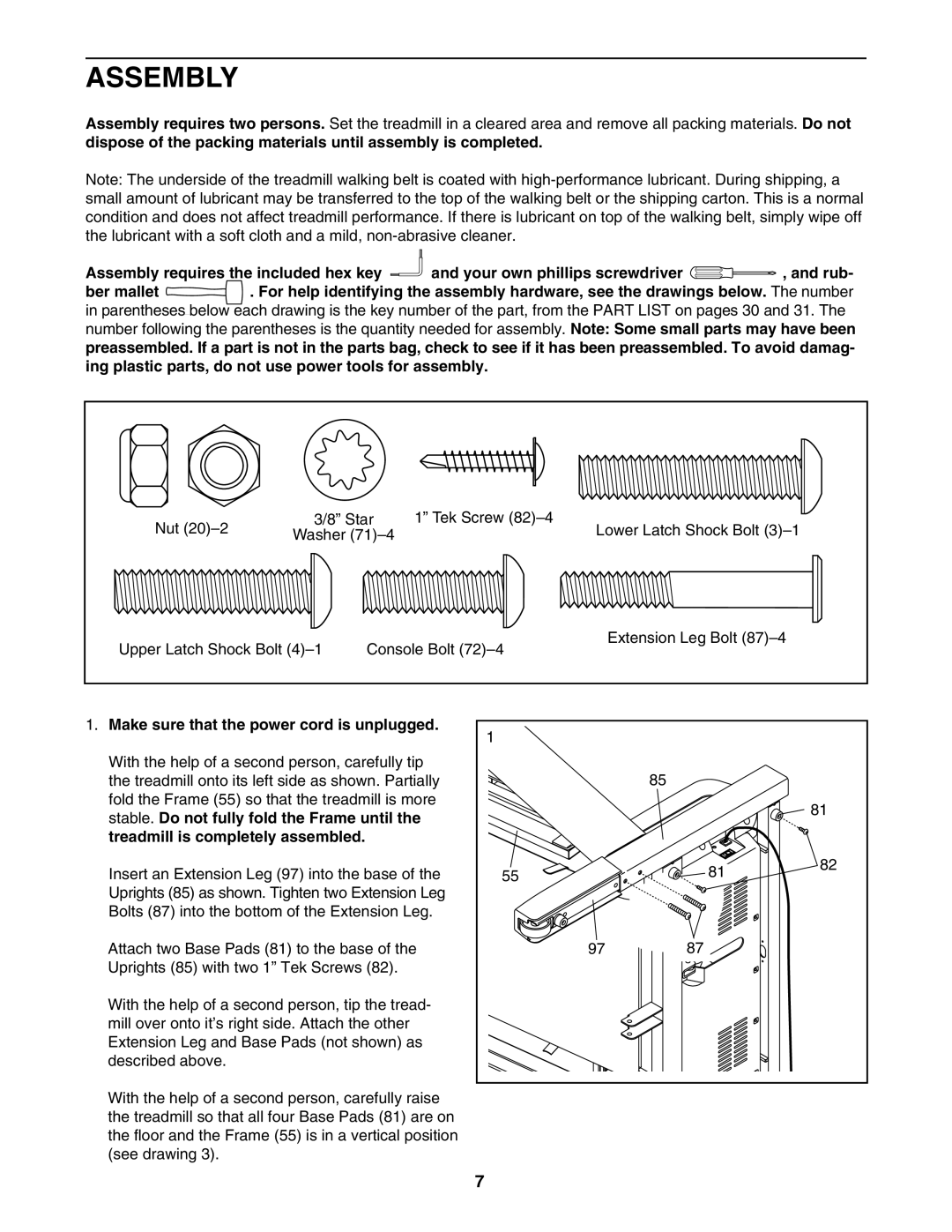 Healthrider HRTL89406.0 manual Assembly, Make sure that the power cord is unplugged 