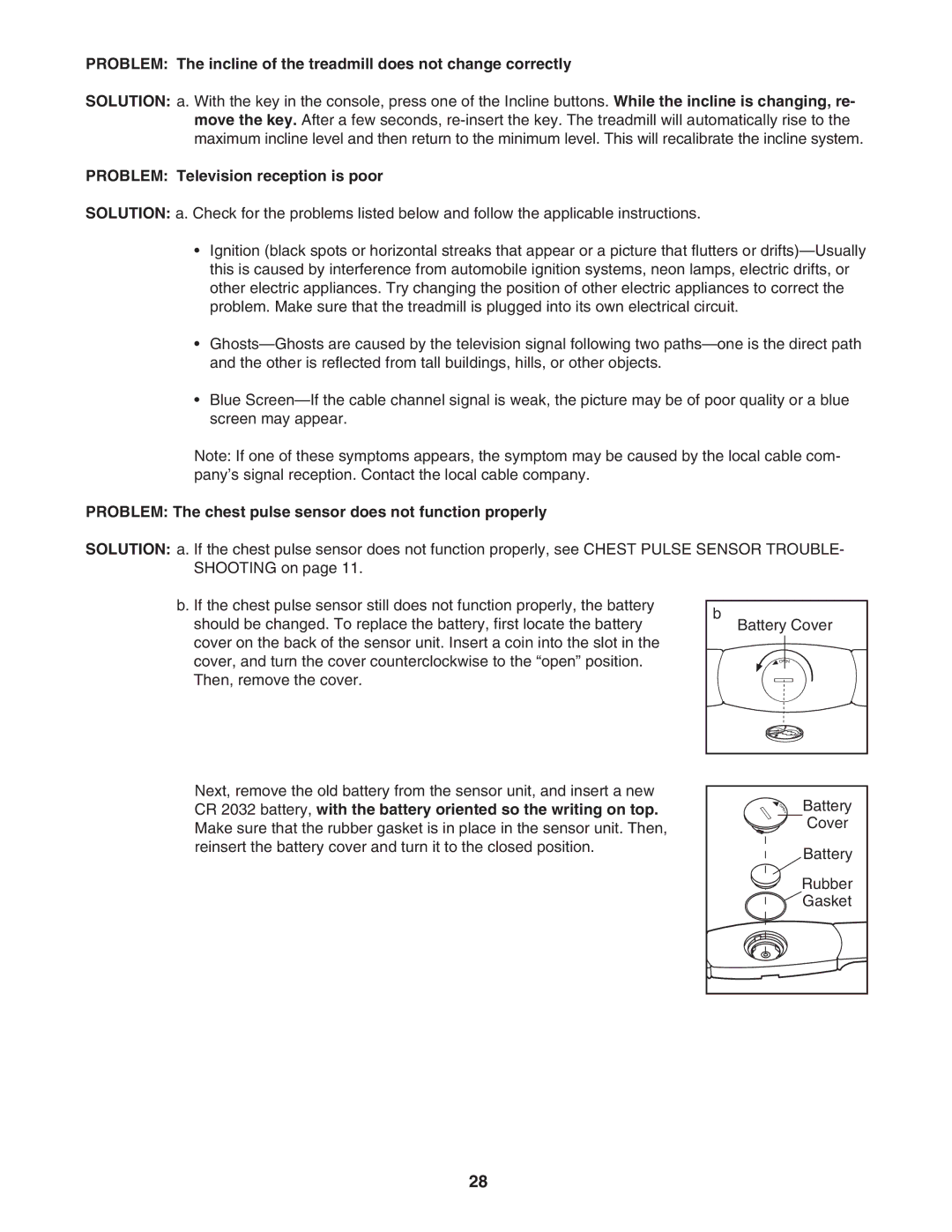 Healthrider HRTL89406.2 Problem Television reception is poor, Problem The chest pulse sensor does not function properly 