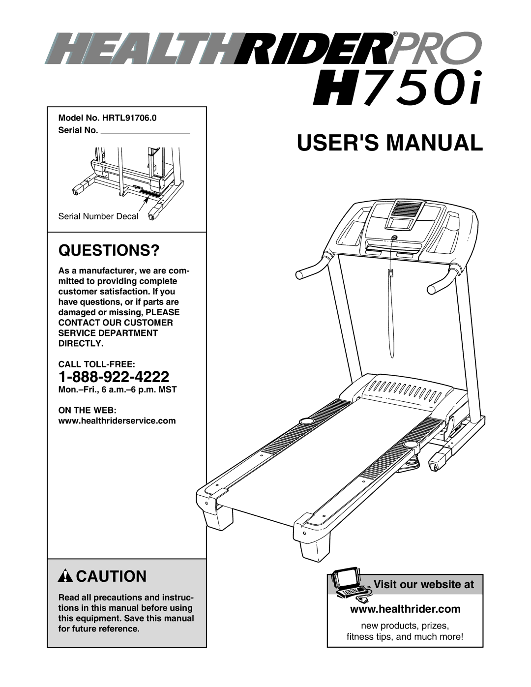 Healthrider manual Questions?, Model No. HRTL91706.0 Serial No, Call TOLL-FREE 