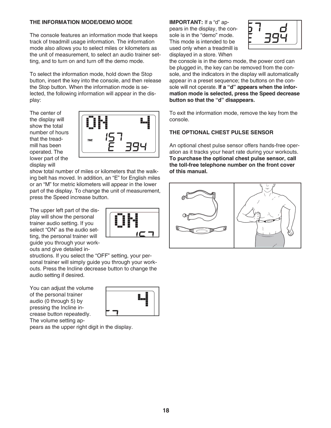 Healthrider HRTL91706.0 manual Information MODE/DEMO Mode, Optional Chest Pulse Sensor 