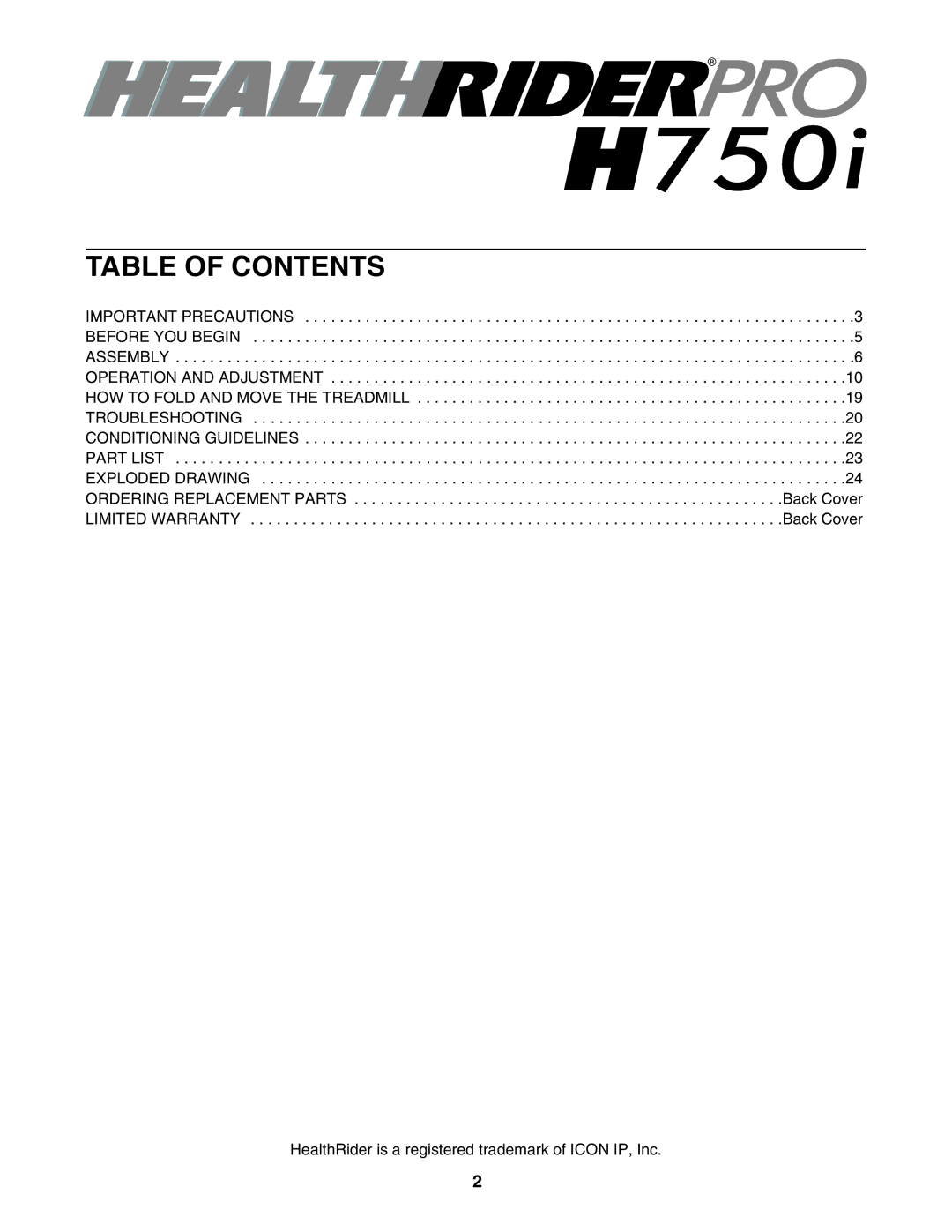 Healthrider HRTL91706.0 manual Table of Contents 