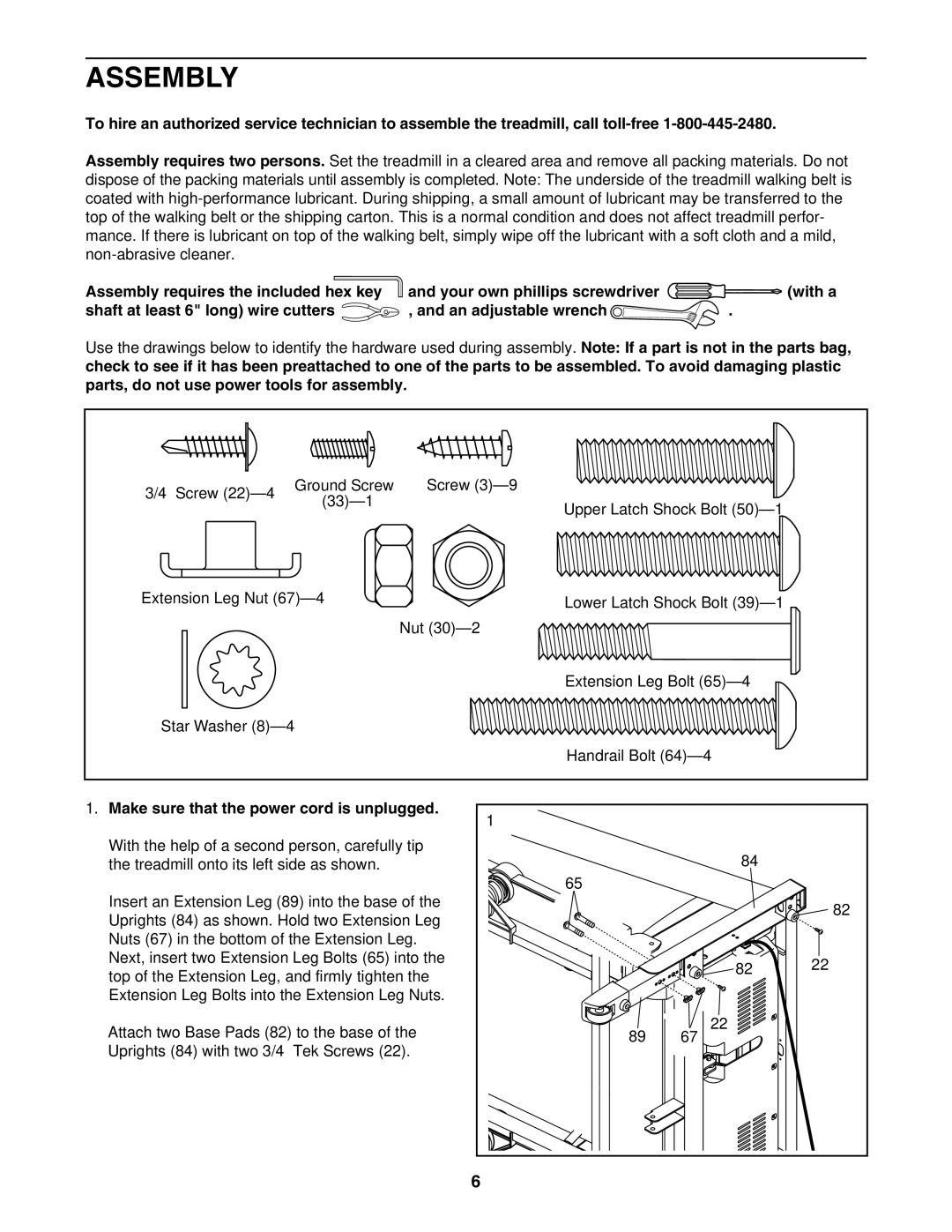 Healthrider HRTL91706.0 manual Assembly, Make sure that the power cord is unplugged 