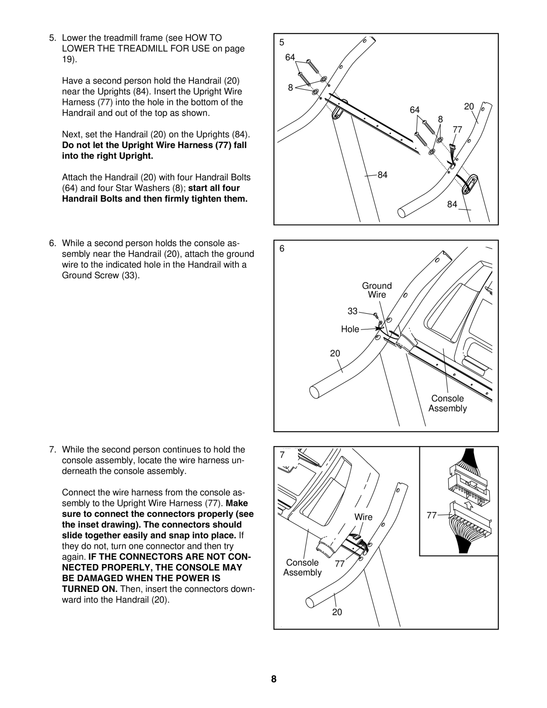 Healthrider HRTL91706.0 manual Handrail Bolts and then firmly tighten them, Sure to connect the connectors properly see 