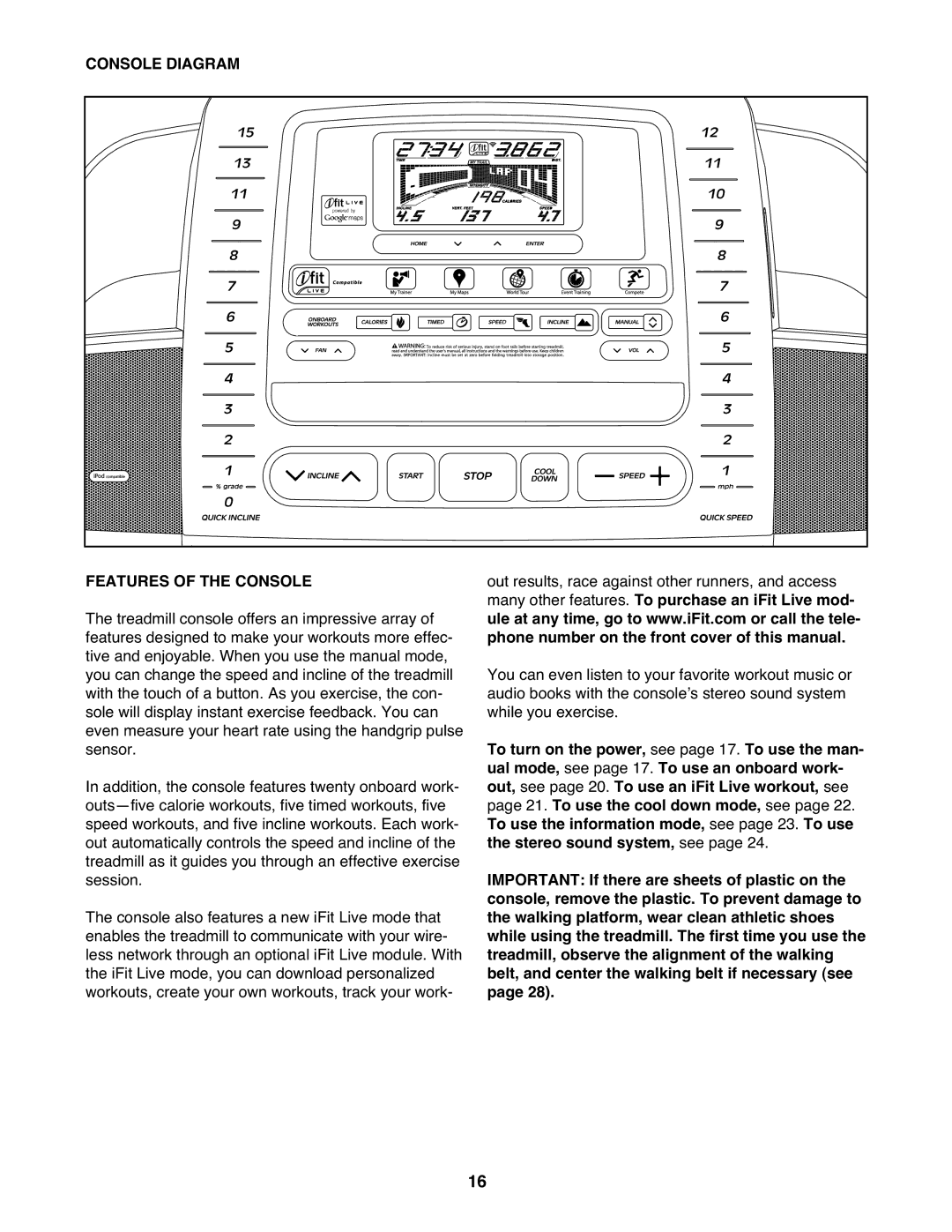 Healthrider HRTL99510.0 manual Console Diagram Features of the Console 