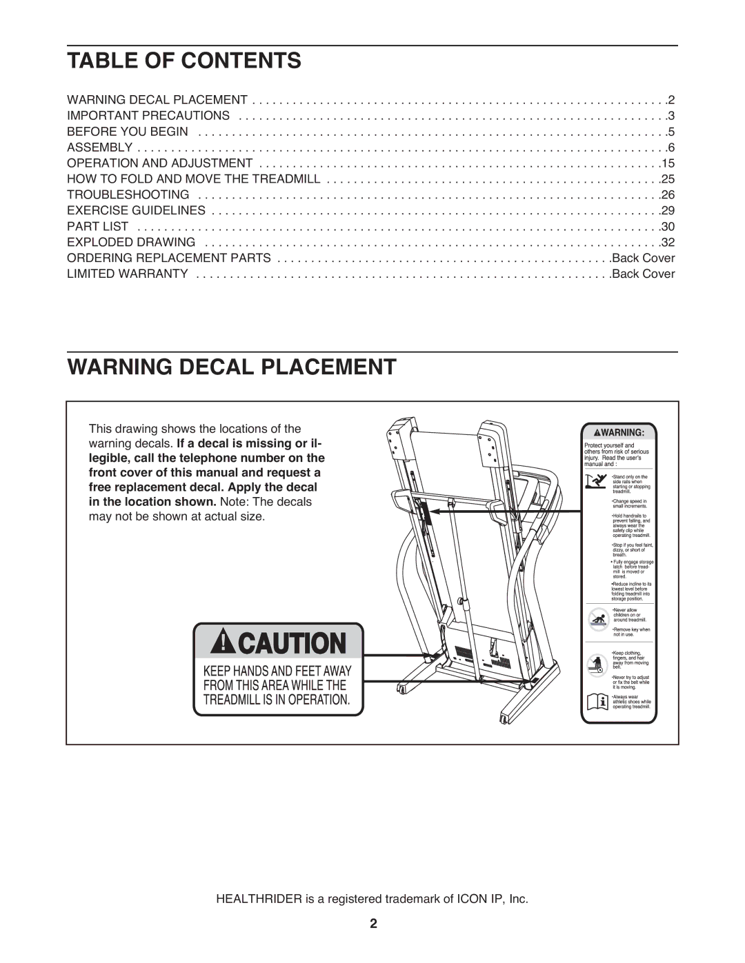 Healthrider HRTL99510.0 manual Table of Contents 