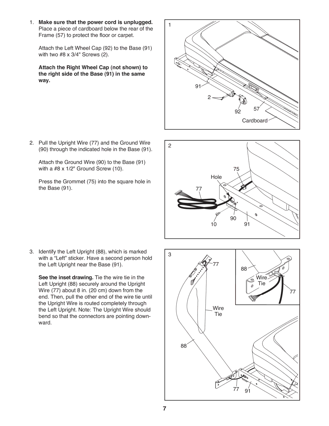 Healthrider HRTL99510.0 manual Make sure that the power cord is unplugged, See the inset drawing. Tie the wire tie 