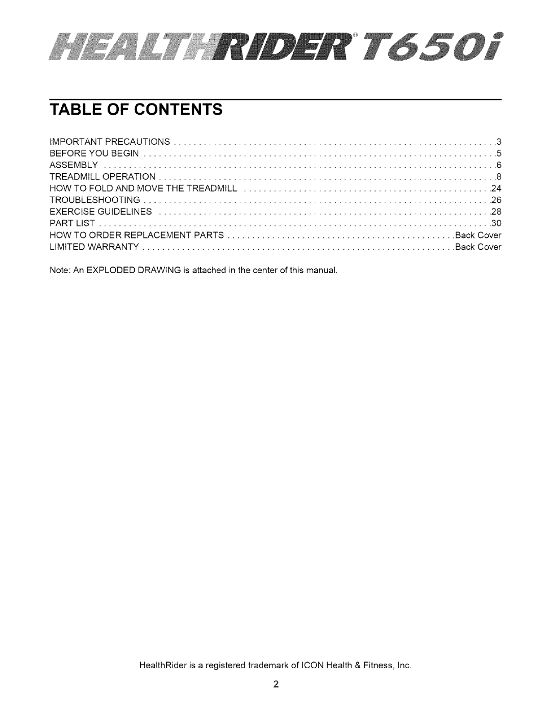 Healthrider HTL93940 manual Table of Contents 