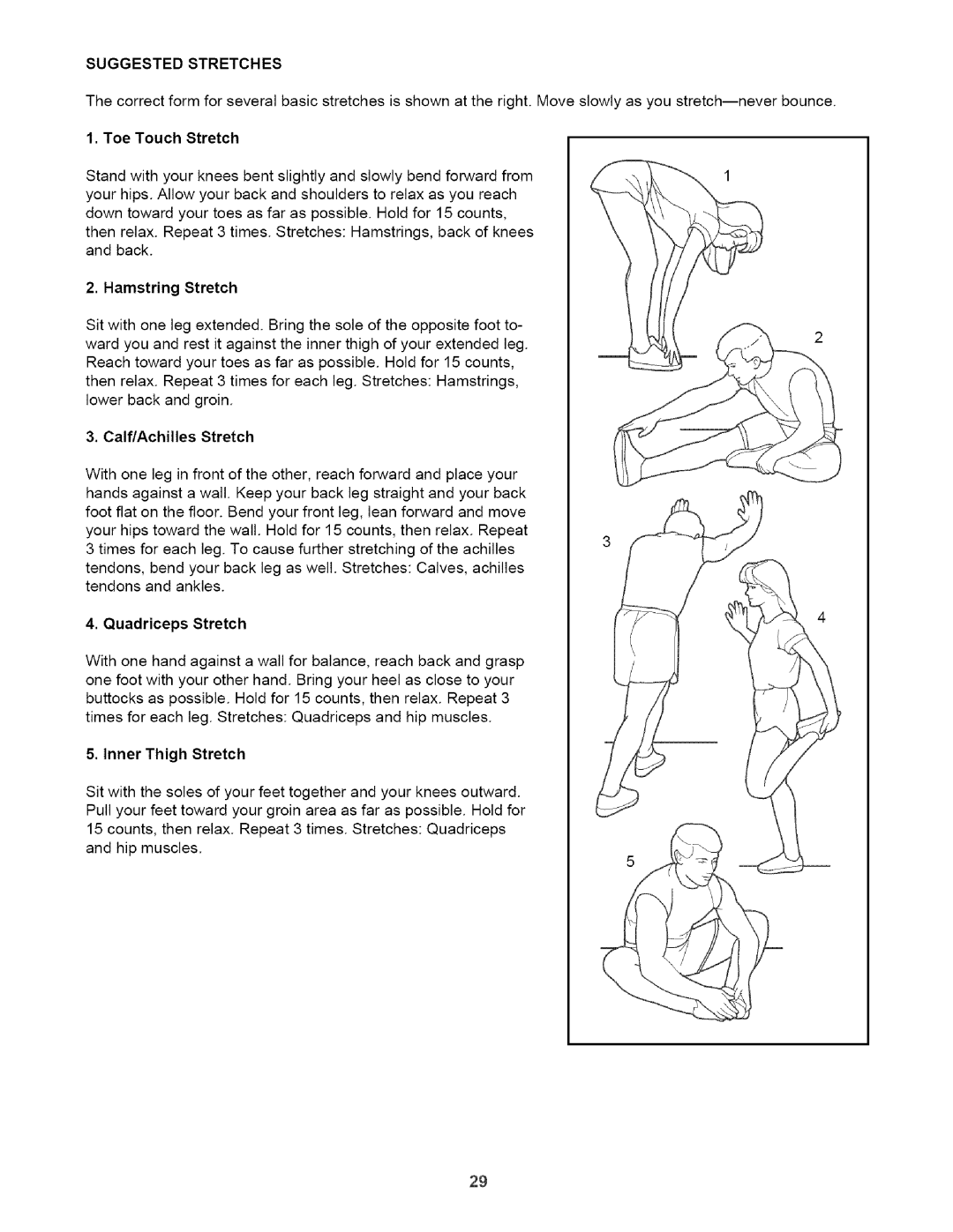 Healthrider HTL93940 manual Suggested Stretches, Hamstring Stretch, Quadriceps Stretch, Inner Thigh Stretch 