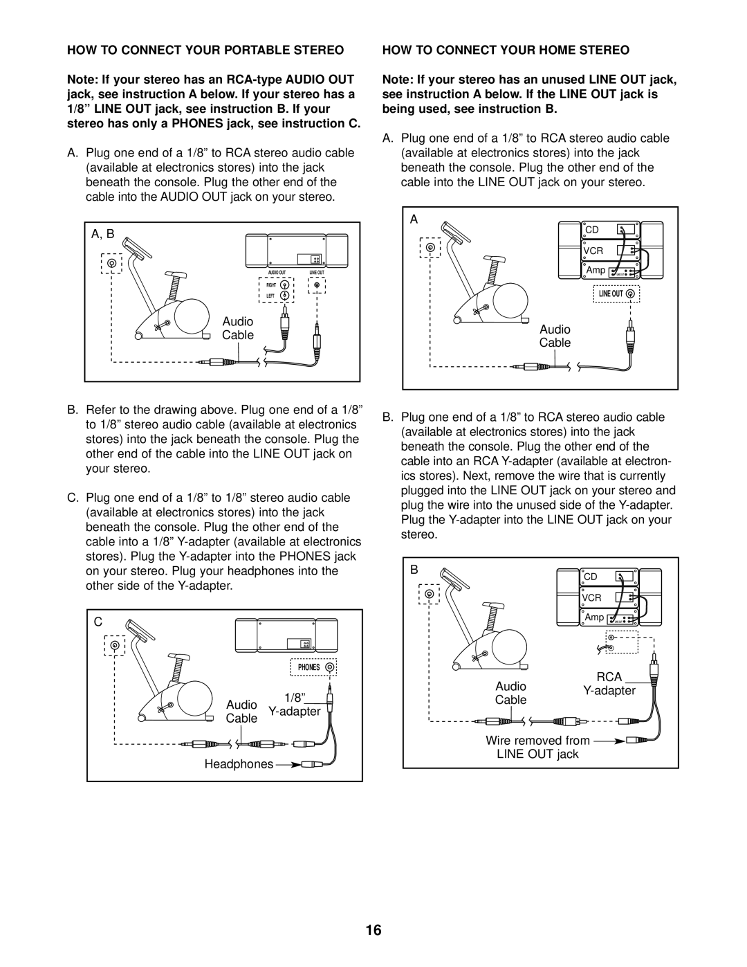 Healthrider R850x manual HOW to Connect Your Portable Stereo, Audio Cable, HOW to Connect Your Home Stereo 