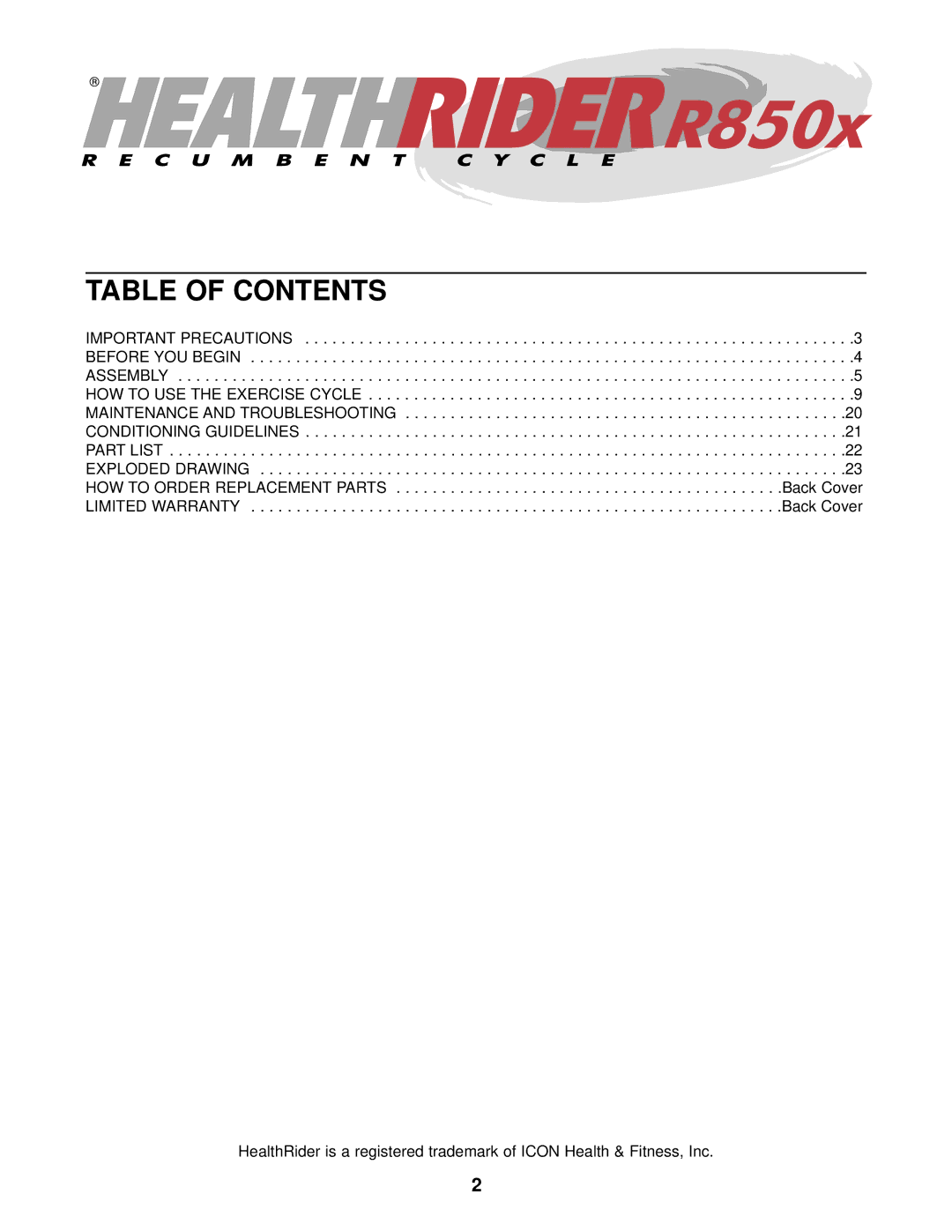 Healthrider R850x manual Table of Contents 