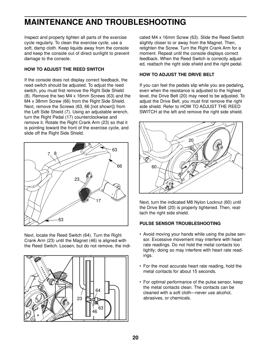 Healthrider R850x manual HOW to Adjust the Reed Switch, HOW to Adjust the Drive Belt, Pulse Sensor Troubleshooting 