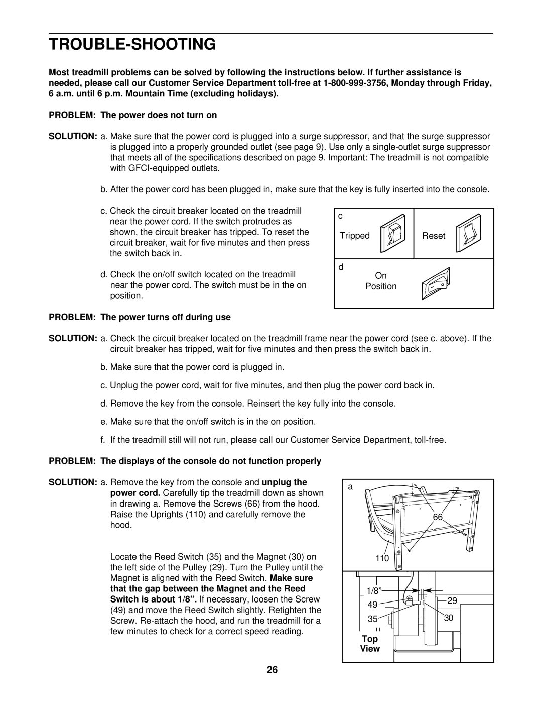 Healthrider T90 manual Trouble-Shooting, Problem The power turns off during use, Top 