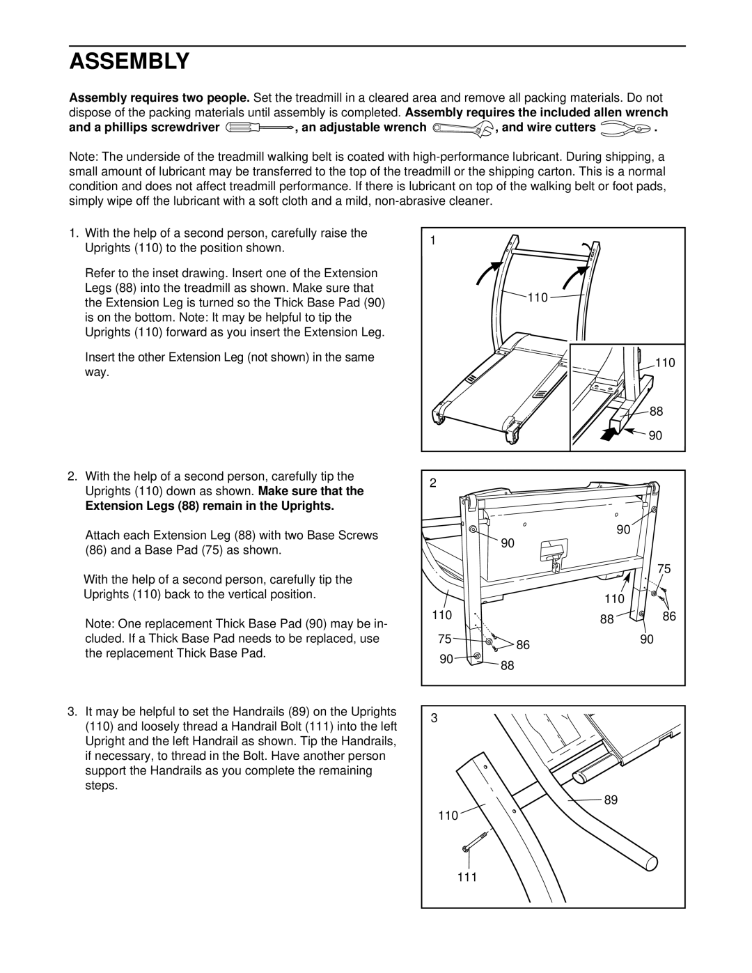 Healthrider T90 manual Assembly, Extension Legs 88 remain in the Uprights 