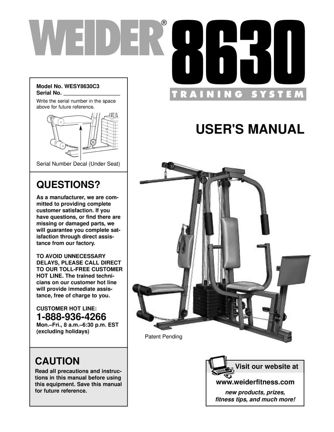 Healthrider manual Questions?, Model No. WESY8630C3 Serial No, Serial Number Decal Under Seat, Customer HOT Line 