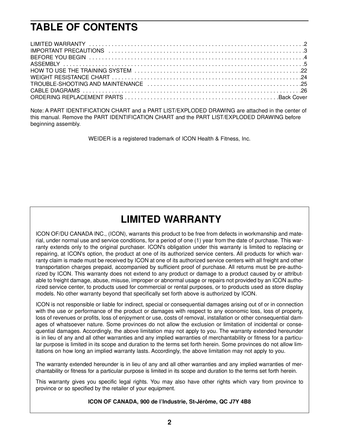 Healthrider WESY8630C3 manual Table of Contents, Limited Warranty 