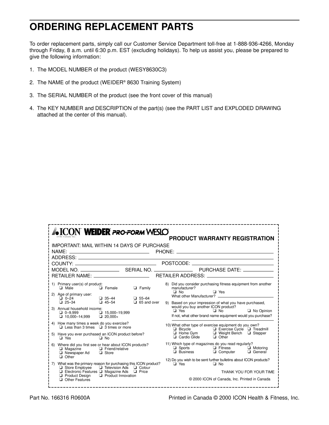 Healthrider WESY8630C3 manual Ordering Replacement Parts, Part No R0600A 